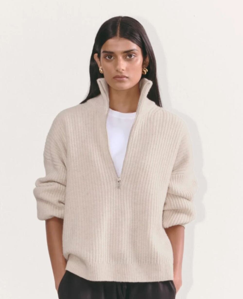Everlane Half Zip Sweater in Luxe Merino Heathered Oat size S 100% Wool